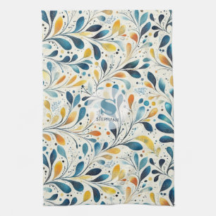Blue and Gold Paisley Leaf Pattern (2) Tea Towel