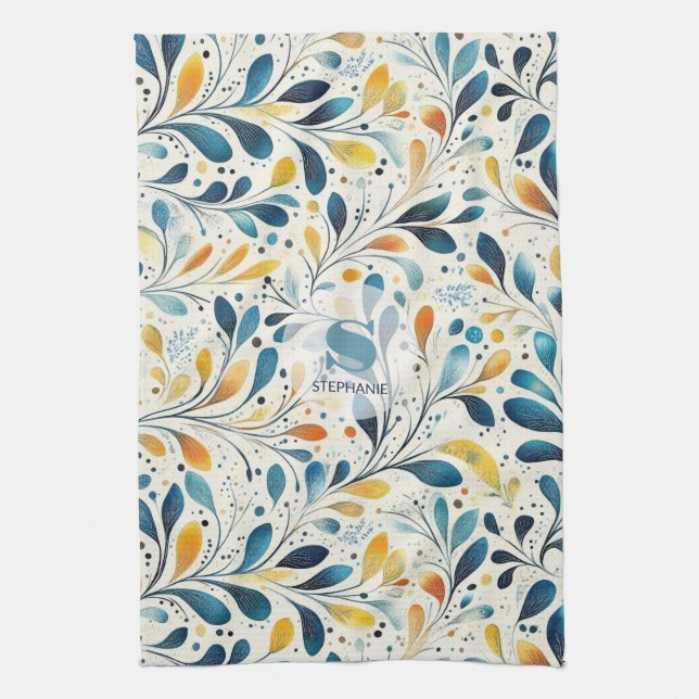 Blue and Gold Paisley Leaf Pattern (2) Tea Towel (Vertical)