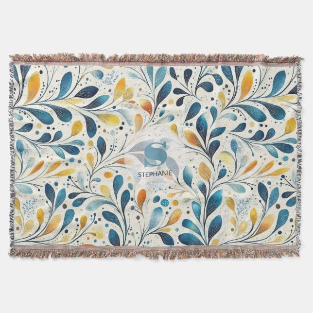 Blue and Gold Paisley Leaf Pattern (2) Throw Blanket (Front)