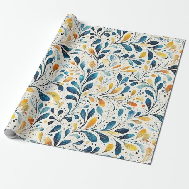 Blue and Gold Paisley Leaf Pattern (2) Wrapping Paper (Unrolled)