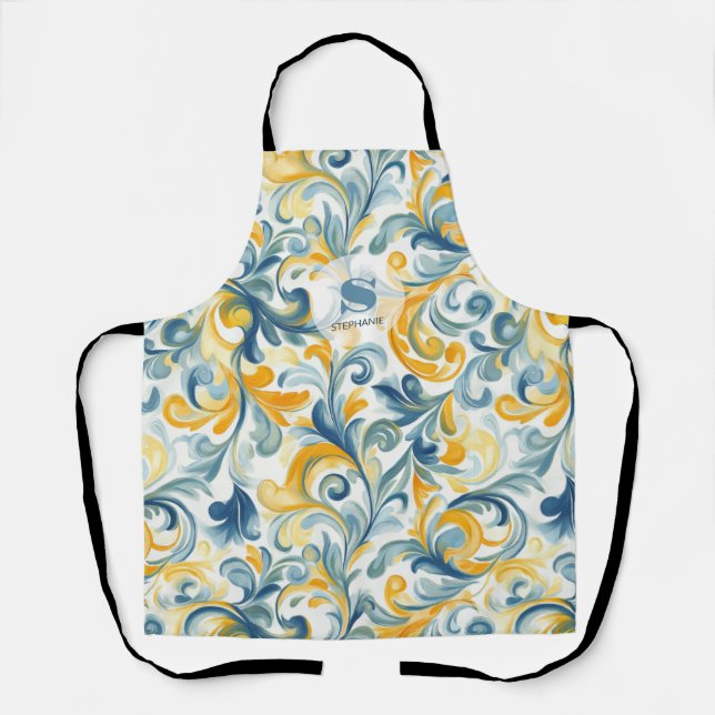 Blue and Gold Paisley Leaf Pattern Apron (Front)