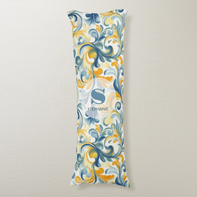 Blue and Gold Paisley Leaf Pattern Body Cushion (Front Vertical)