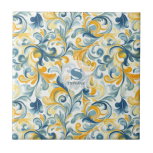 Blue and Gold Paisley Leaf Pattern Ceramic Tile