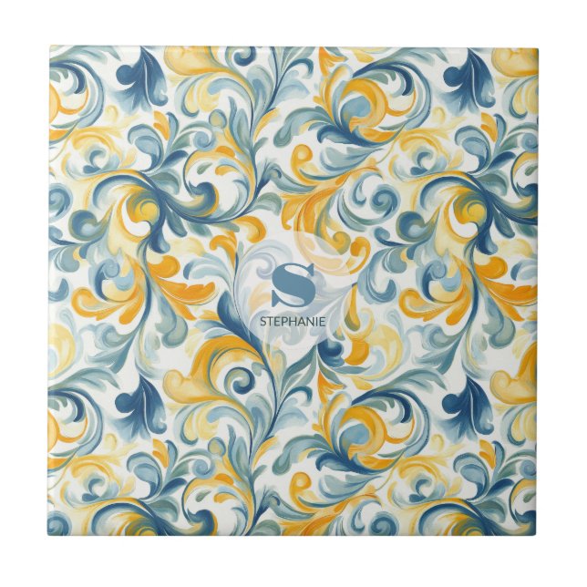 Blue and Gold Paisley Leaf Pattern Ceramic Tile (Front)