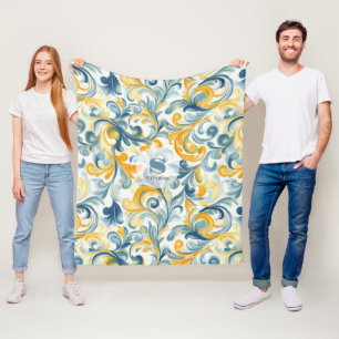 Blue and Gold Paisley Leaf Pattern Fleece Blanket