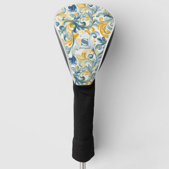 Blue and Gold Paisley Leaf Pattern Golf Head Cover (Front)