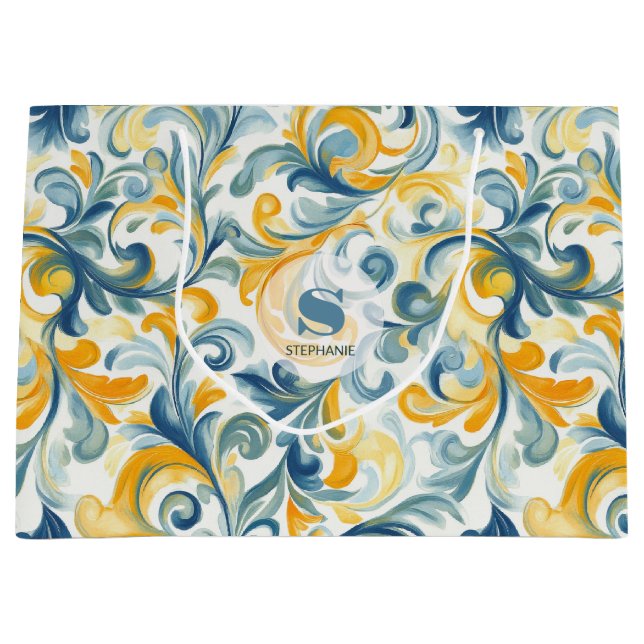 Blue and Gold Paisley Leaf Pattern Large Gift Bag (Front)