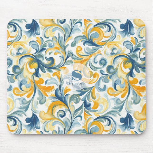 Blue and Gold Paisley Leaf Pattern Mouse Pad (Front)