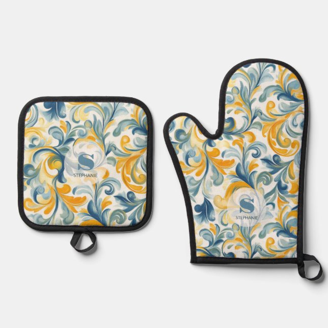 Blue and Gold Paisley Leaf Pattern Oven Mitt & Pot Holder Set (Front)