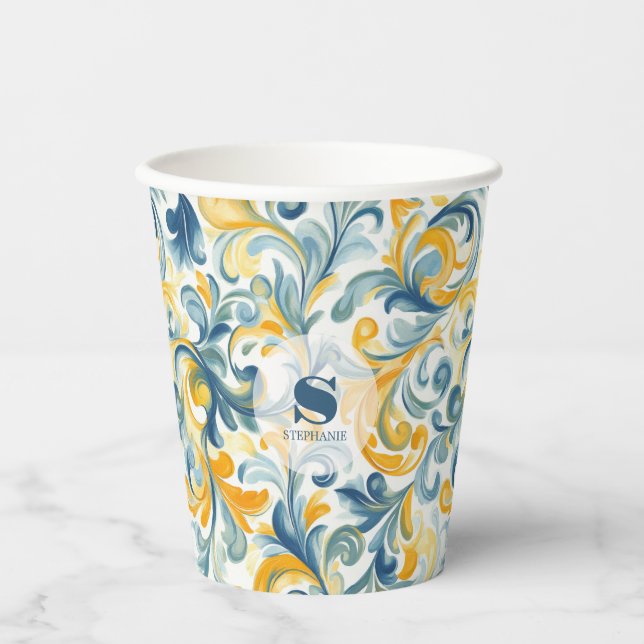 Blue and Gold Paisley Leaf Pattern Paper Cups (Front)