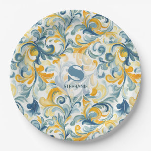 Blue and Gold Paisley Leaf Pattern Paper Plate