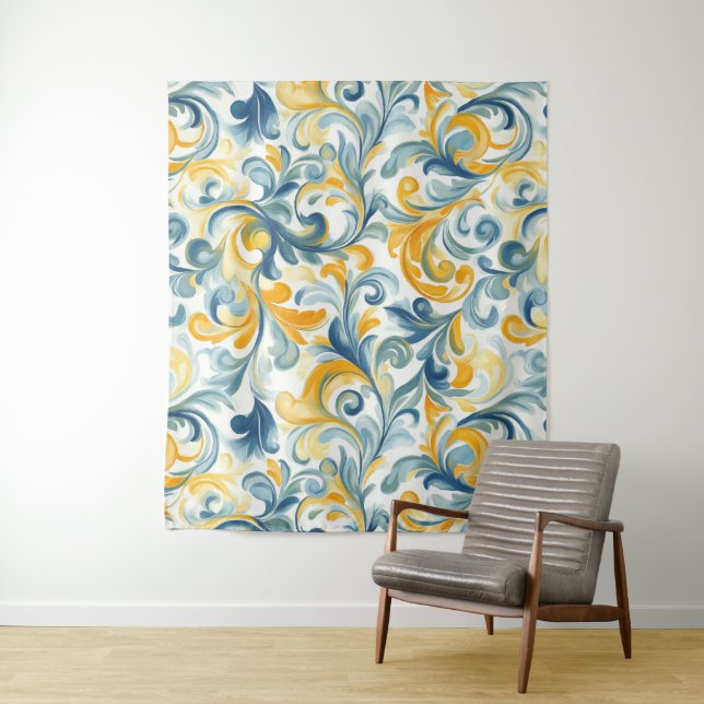 Blue and Gold Paisley Leaf Pattern Tapestry (In Situ)
