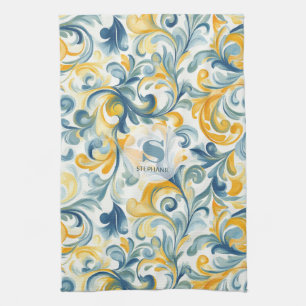 Blue and Gold Paisley Leaf Pattern Tea Towel