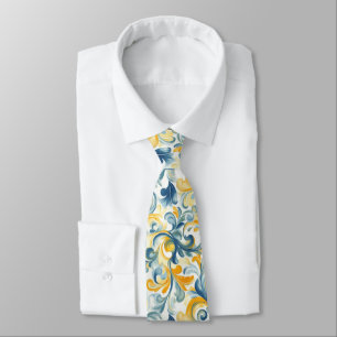 Blue and Gold Paisley Leaf Pattern Tie