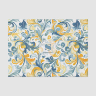 Blue and Gold Paisley Leaf Pattern Tissue Paper