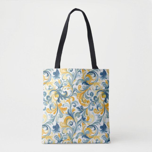 Blue and Gold Paisley Leaf Pattern Tote Bag (Front)