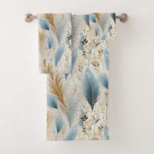 Blue and Gold Pampas Grass Bath Towel Set