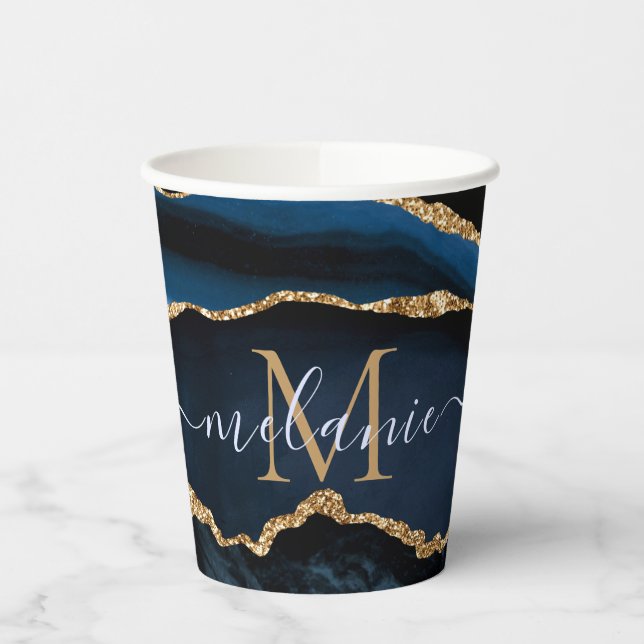 Blue and Gold Paper Cups Personalised Name Letter (Left)