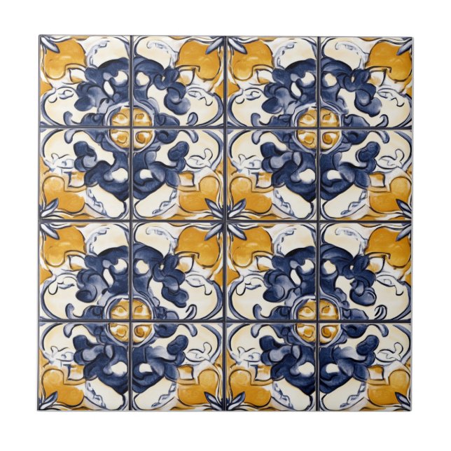 Blue and Gold Pattern Ceramic Tile (Front)