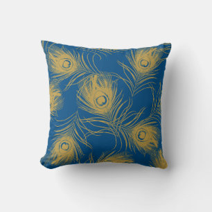  Blue and Gold Peacock Feather Cushion