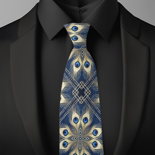 Blue and Gold Peacock Feathers Geometric Pattern Tie (Creator Uploaded)