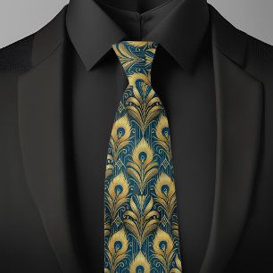 Blue and Gold Peacock Feathers Tie