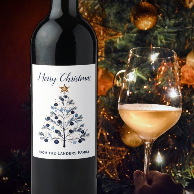 Blue and Gold Personalised Merry Christmas Trees Wine Label (Blue and Gold Personalized Merry Christmas Tree Wine Bottle label)