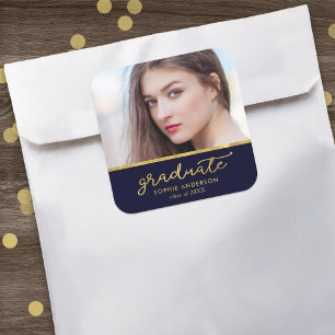 Blue and Gold Photo Graduate Graduation Square Sticker