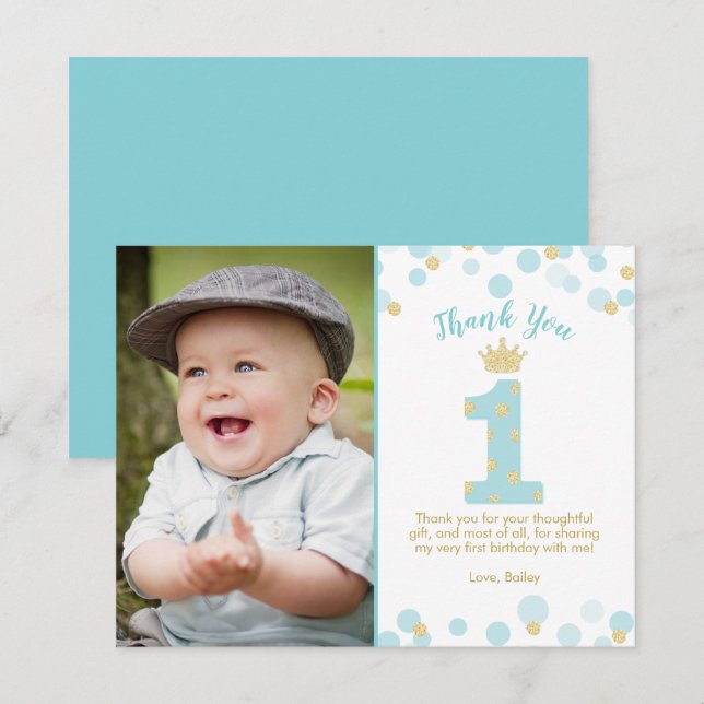 Blue and Gold Prince 1st Birthday Thank You Card (Front/Back)