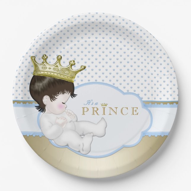 Blue and Gold Prince Baby Shower Paper Plate (Front)