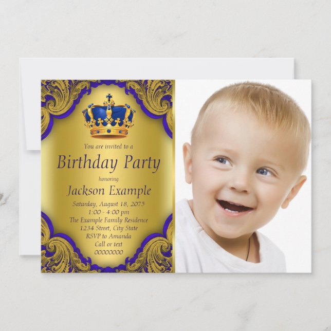 Blue and Gold Prince Birthday Party Invitation (Front)