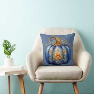 Blue and Gold Pumpkin Floral Blue Halloween Cushion