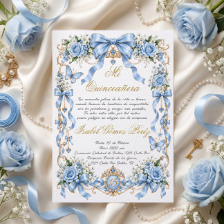 Blue and Gold quinceañera, spanish sweet 15 bow Invitation