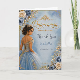 Blue and Gold Quinceañera Thank You Card