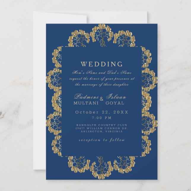 Blue and Gold Regal Indian Style Wedding  Invitation (Front)