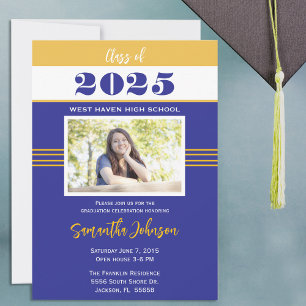 Blue and Gold Retro Graduation Announcement Invite