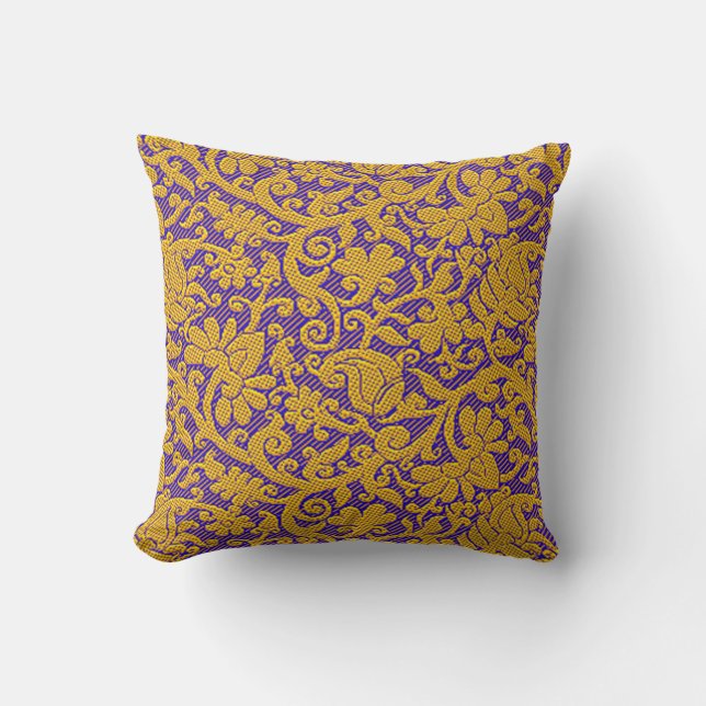 Blue And Gold Rich Indian Brocade Pattern Cushion (Front)
