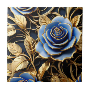 Blue And Gold Roses Art Nouveau Ceramic Tile