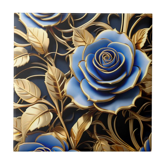 Blue And Gold Roses Art Nouveau Ceramic Tile (Front)