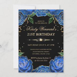 Blue and Gold Roses Floral 21st Birthday Invitation