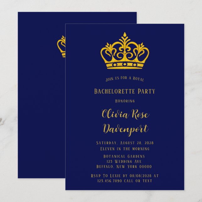 Blue and Gold Royal Crown Bachelorette Party Invitation (Front/Back)