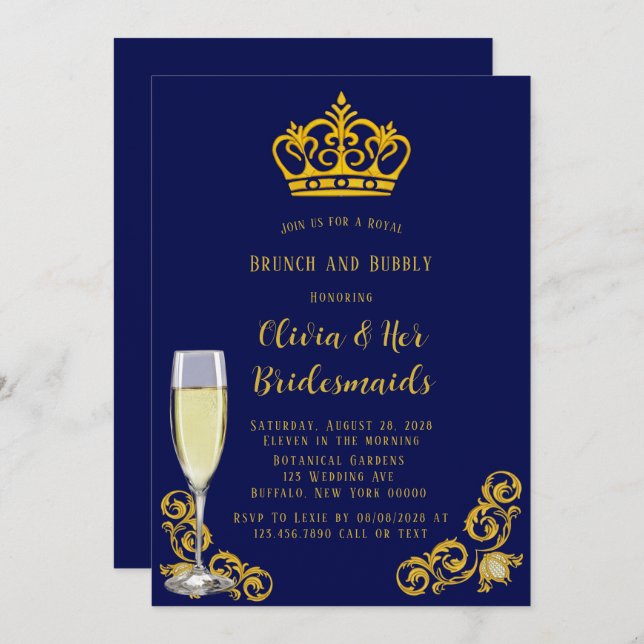 Blue and Gold Royal Crown Brunch and Bubbly Invitation (Front/Back)