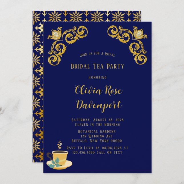 Blue and Gold Royal Crown Damask Bridal Tea Party Invitation (Front/Back)
