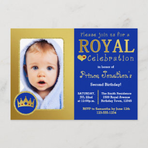 Blue and Gold Royal Prince Birthday Party Photo Invitation