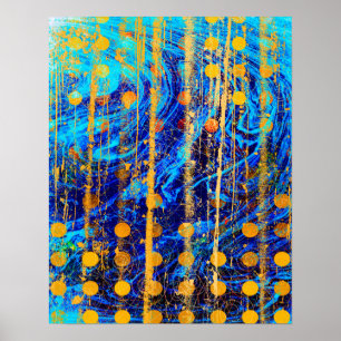 Blue and Gold Rustic Polka Dot Marble Grunge Poster