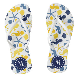 Blue and Gold Seahorse Pattern Monogram Thongs