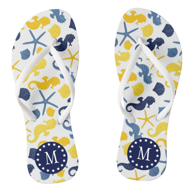 Blue and Gold Seahorse Pattern Monogram Thongs (Footbed)