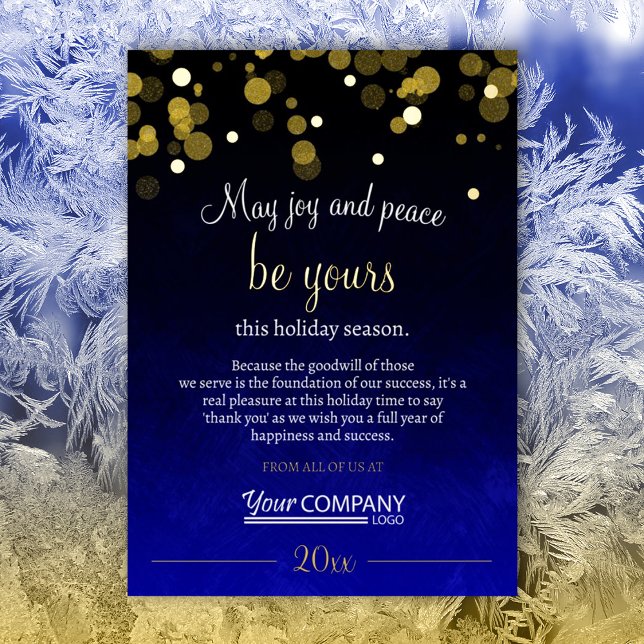 Blue and Gold Shimmery Lights Company Christmas Foil Holiday Card (dark blue royal blue company holiday christmas card business logo greeting shimmering gold lights)