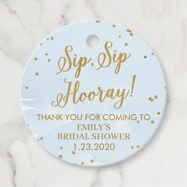 Blue and Gold Sip Sip Hooray Bridal or Baby Shower Favour Tags (Front)