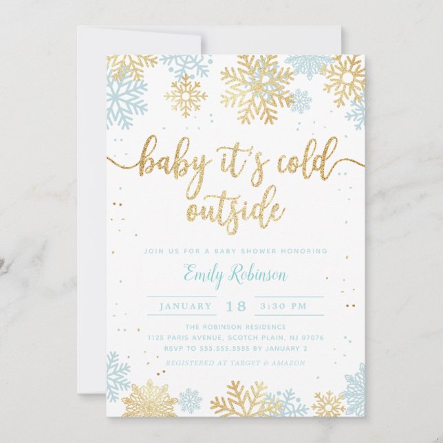 Blue And Gold Snowflake Winter Boy Baby Shower Invitation (Front)